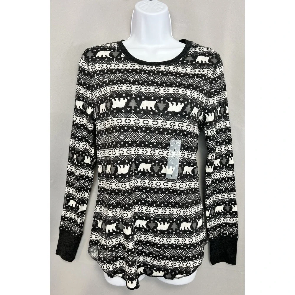 Old Navy NWT Woman Juniors L Nordic Fair Isle Black/Gray Waffle Knit Thermal Top